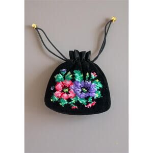 Feiler Germany Vintage Embroidered Floral Black Drawstring Purse Pouch